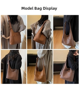 Vue sous six angles du grand sac hobo tressé marron porté par un mannequin pour le quotidien
