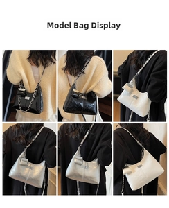 Three colors of glossy patent leather hobo bags with metal chain straps and mini pouches