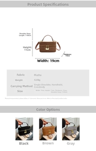 Detailed size specifications for quilted bucket bag with dimensions in cm and color options