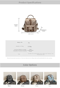 Detailed sizing chart and specifications for vintage PU leather backpack for women