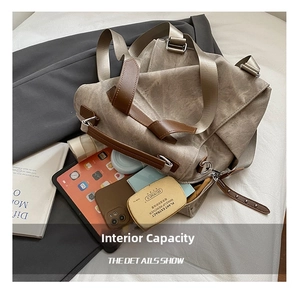 Overhead view showing large capacity interior of the vintage canvas backpack with daily items