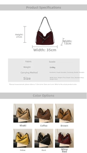 Guía de tallas y detalles de material para el bolso tote grande de ante en 6 colores