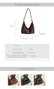 Detailed size chart and color options for the large PU leather hobo crossbody bag