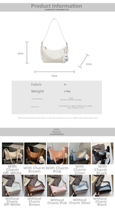 Size guide and color options for the half-moon PU leather crossbody bag with bear charm