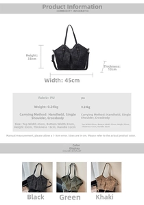 Size chart showing large vintage faux leather tote dimensions 45x33x13cm in three colors