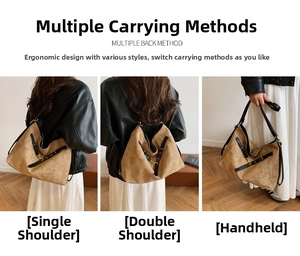 Bolso tote de ante marrón mostrado en tres modos: de hombro, de mochila y bolso de mano
