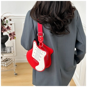 Unique guitar shaped women crossbody bag red white colorblock leather shoulder bag with rivets