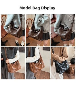 Three colors of oversized faux leather tote bags shown on a model in a cafe setting