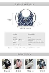 Tabella taglie borsa in denim con dimensioni 18x12x7cm e specifiche dei materiali