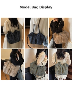 Collage of large capacity tote bags in black, taupe, and green on models in daily scenes