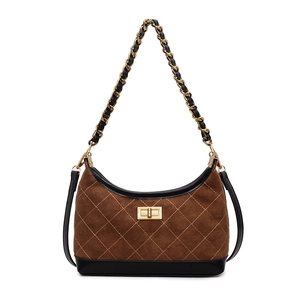 Brown suede quilted shoulder bag with gold chain strap and metallic lock closure