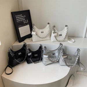 Retro patent leather hobo bags with chunky chains in white, black, and silver colors