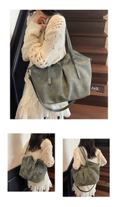 Detail of olive green tote bag with adjustable straps and vintage texture for women