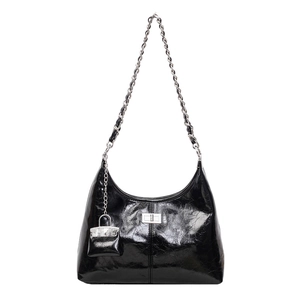 Vintage glossy pleated leather hobo bag with silver chain strap and mini bag charm