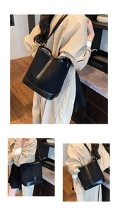 Detailed views of a black leather bucket bag with vertical strap and reinforced bottom