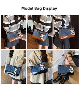 Close-up of contrast denim tote bags with leather trim and plush bear charm details