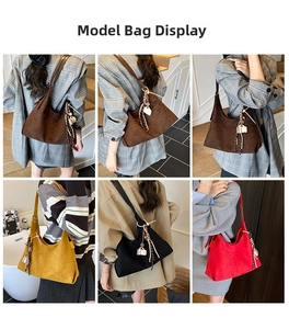 Détails du grand sac hobo en suède avec pompon porté sur différentes tenues de mode