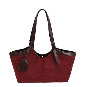 Retro burgundy suede shoulder bag with brown leather straps for autumn fashion