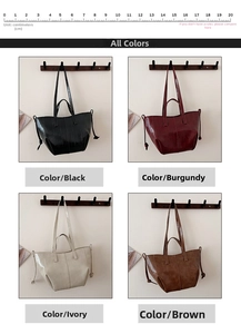 Detail view of four large tote bags in black, burgundy, beige, and brown with drawstring detail