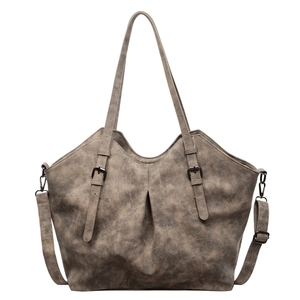 Vintage large capacity shoulder tote bag in matte dark grey with decorative buckle straps