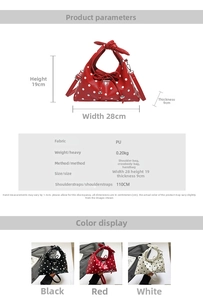 Detailed size chart for the polka dot triangle bag showing dimensions 28x19x9cm and PU material