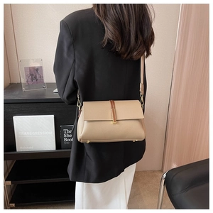 Detail of beige crossbody bag with textured leather, brown straps and gold buckle accents