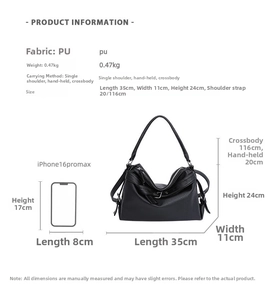 Size chart showing PU tote bag dimensions of 35x11x24cm with strap length details