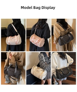 Detail shots of models wearing the quilted canvas duffel bag in pink, black, and white colors