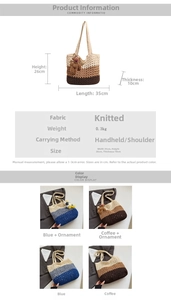 Detailed size specifications for a woven tote bag with handle and cute animal charms
