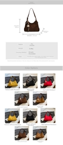 Tableau détaillé montrant les specs du sac cabas en daim PU et ses cinq couleurs