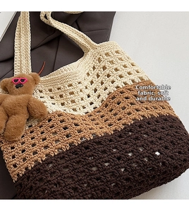 Macro detail of tricolor gradient woven tote with bear charm and hollow mesh texture
