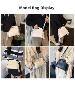 Collage of chic tote bags with tassel details and hollow handles in multiple colors