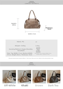 Detailed size chart for large PU leather tote bag with stud hearts and dimensions