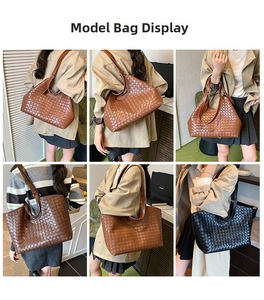 Close-up of classic woven texture on leather tote bags in brown and black colors