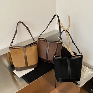 Three-color vintage suede bucket bags in brown and black with adjustable straps