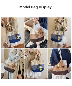 Detail view of large crochet woven tote bags with cute charms in multiple colors