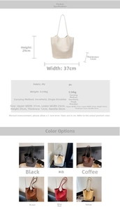 Detailed size specifications and color options chart for large capacity PU leather tote bag