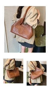 Detail of dark brown large tote bag with luxury hand-woven texture for women's daily commute