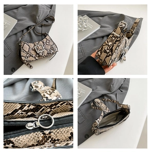 Detailed views of faux snake print shoulder bag with silver buckle and zipper closure
