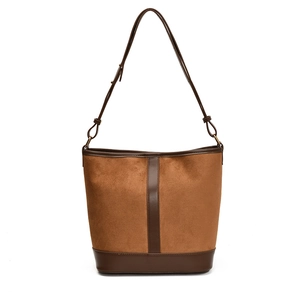 Retro brown suede bucket bag with leather patchwork and adjustable shoulder strap