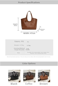 Detailed size chart and texture close-up of the woven tote bag with dimensions