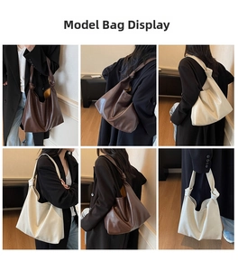 Detailed views of soft PU leather hobo bags with unique knotted handles in dark brown and white