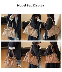 Collage of model wearing khaki and brown rivet tote bags in various lifestyle angles