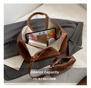 Detailed interior of a woven leather tote bag showing spacious capacity and inner pouch
