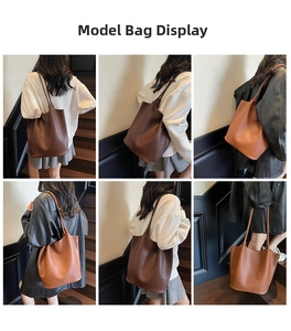 Detailed multi-angle views of minimalist leather tote bags in brown and caramel shades