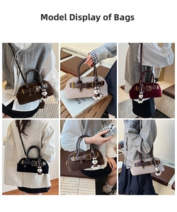 Model wearing vintage suede shell bag showing crossbody and handheld styling in four colors