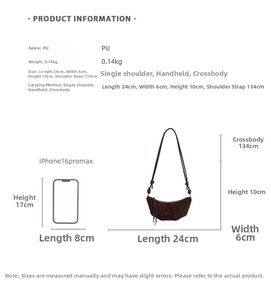 Tableau des tailles détaillé du sac en cuir PU marron mesurant 24cm de large et 10cm de haut