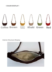 Détail du sac croissant en daim montrant la poche zippée et les six couleurs disponibles