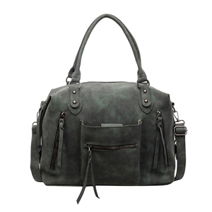 Large vintage dark green matte tote bag with fringe zippers and adjustable shoulder strap