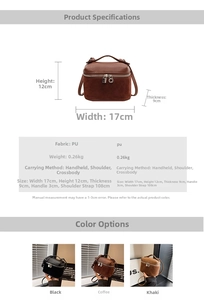 Detailed view of mini PU leather crossbody bag with silver hardware and size chart info